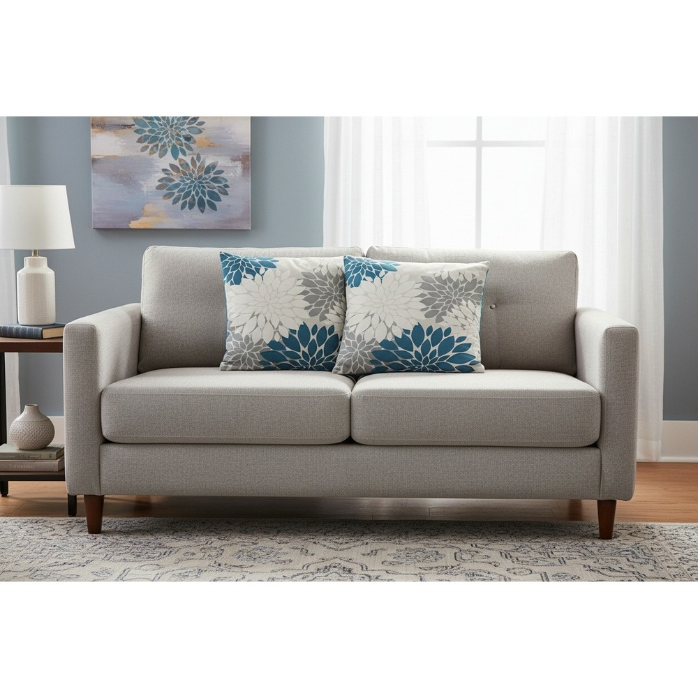 Set of 2 Floral Dahlia Throw Pillow Covers 19x19 Navy Blue Gray Cream Modern